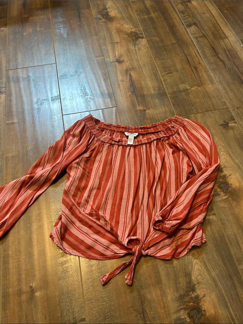 Arizona Jean Company Rust-Striped Off-Shoulder Tie-Front Blouse